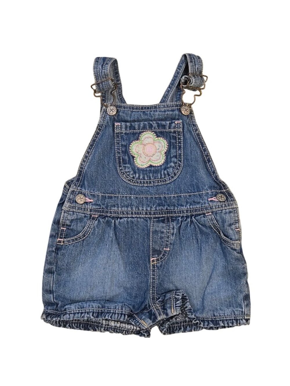 OshKosh Bgosh Infant Girls Denim Overalls Shortalls 18 Months Flower Embroidery
